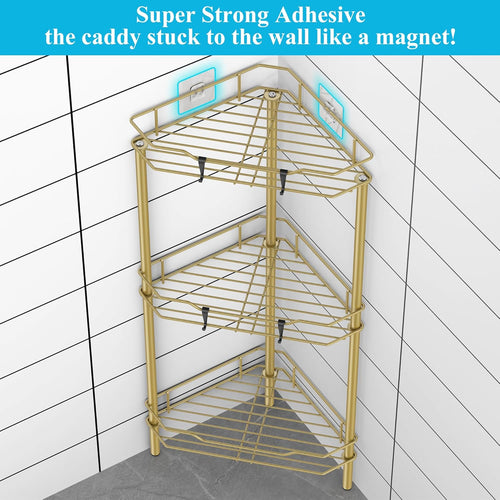 3 Tier Floor Standing Corner Shower Caddy Organizer Shelf with Hooks, Bathroom Shelves Stand Rack, Gold