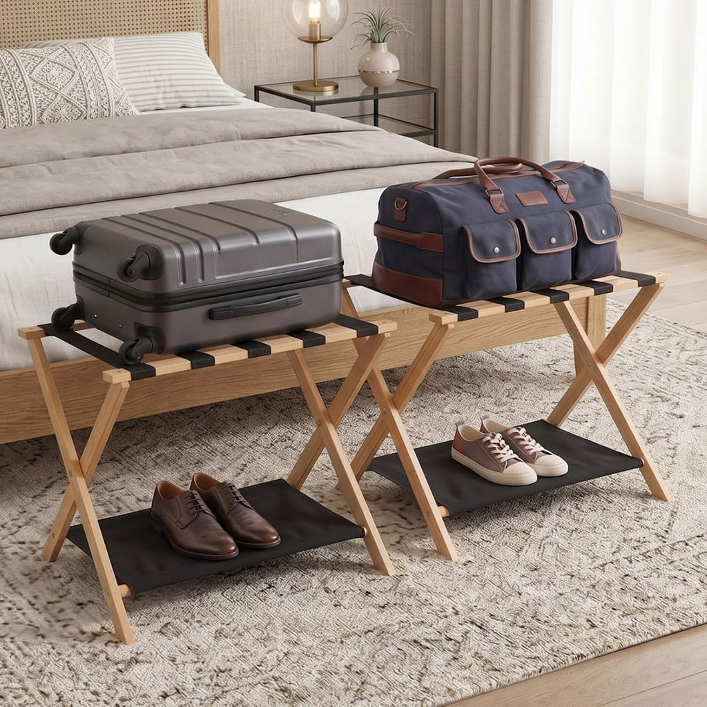 Luggage Rack, Heavy-Duty Bamboo Foldable Suitcase Stand with Storage Shelf, Fits Up to 28" Luggage, Space-Saving Organizer Holder for Guest Room, Bedroom, Hotel, Dorm and Entryway, Natural(2 Pack)