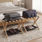 Luggage Rack, Heavy-Duty Bamboo Foldable Suitcase Stand with Storage Shelf, Fits Up to 28" Luggage, Space-Saving Organizer Holder for Guest Room, Bedroom, Hotel, Dorm and Entryway, Natural(2 Pack)