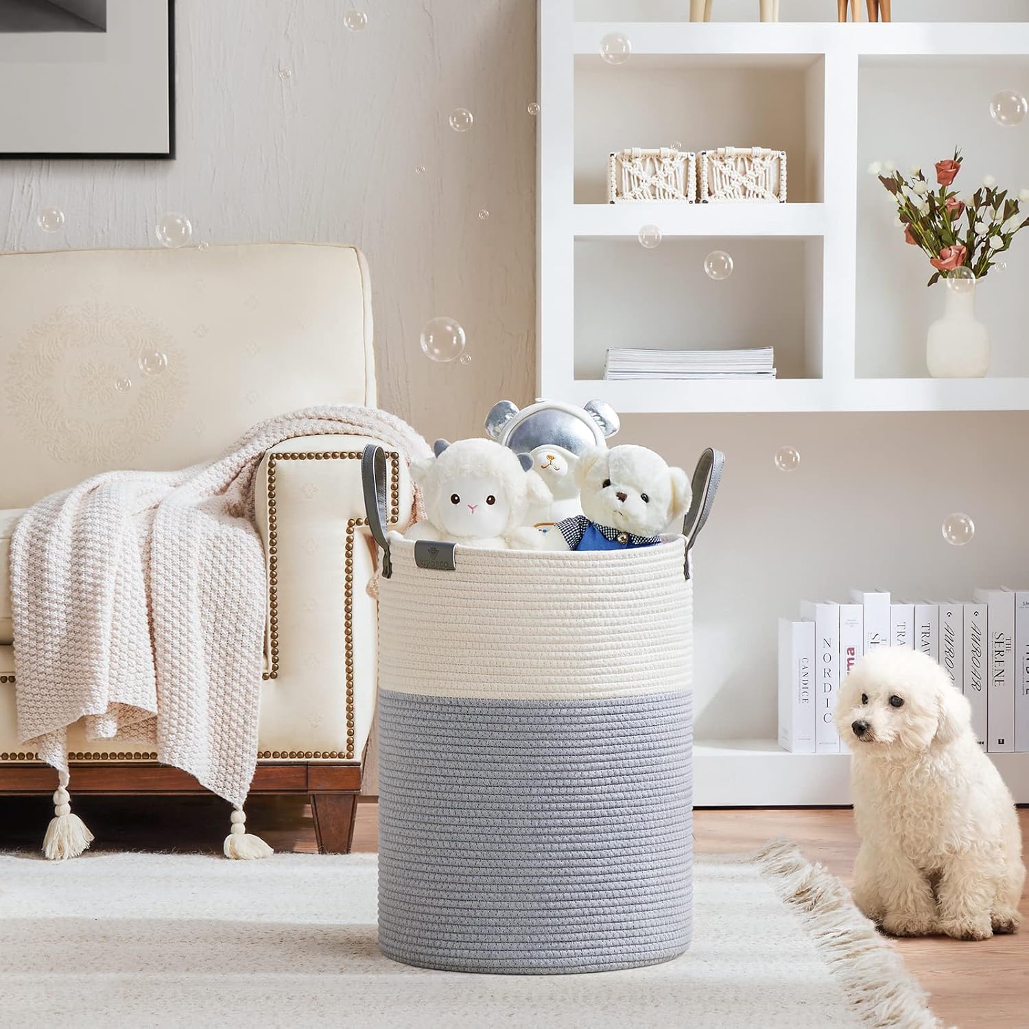 VIPOSCO Tall Laundry Basket, Large Dirty Clothes Hamper with Leather Handle, Woven Rope Storage Basket for Blanket, Toy In Living Room, Bathroom, Bedroom - 58L Grey & White