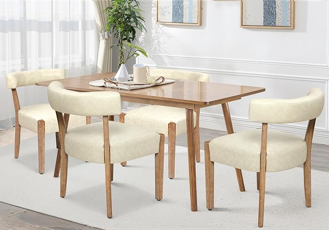 Modern Dining Chairs Set of 4, Faux Leather Upholstered Kitchen & Dining Room Chairs, Mid Century Modern Wooden Dining Chairs Oversized Sturdy Rounded Chairs Curved Back, Beige