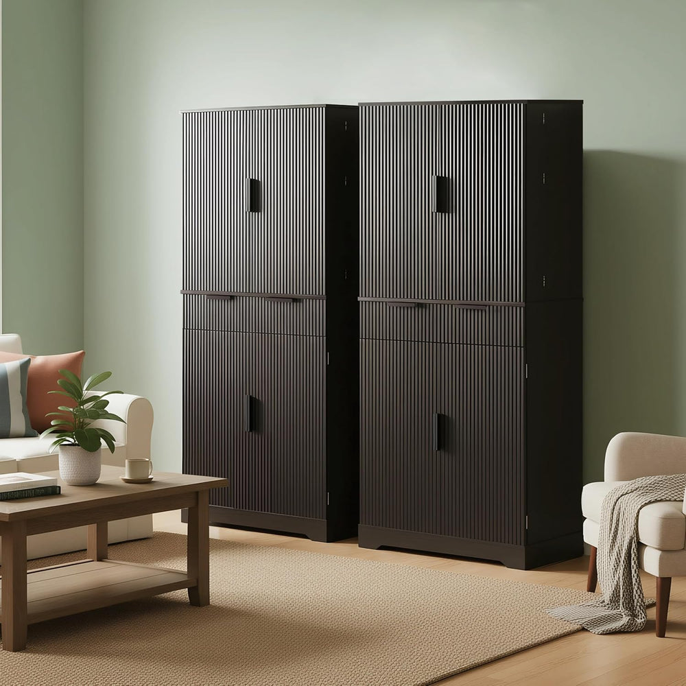 72” Kitchen Pantry Cabinet, Fluted Kitchen Cupboard with Doors and Large Draw...