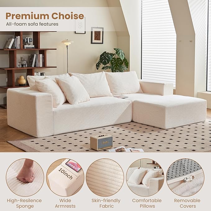 108" L-Shaped Boneless Couch, Modular Sectional Sofa with Moveable Ottoman, Corduroy Cloud Couches for Living Room, No Assembly, Ship in a Box, Beige