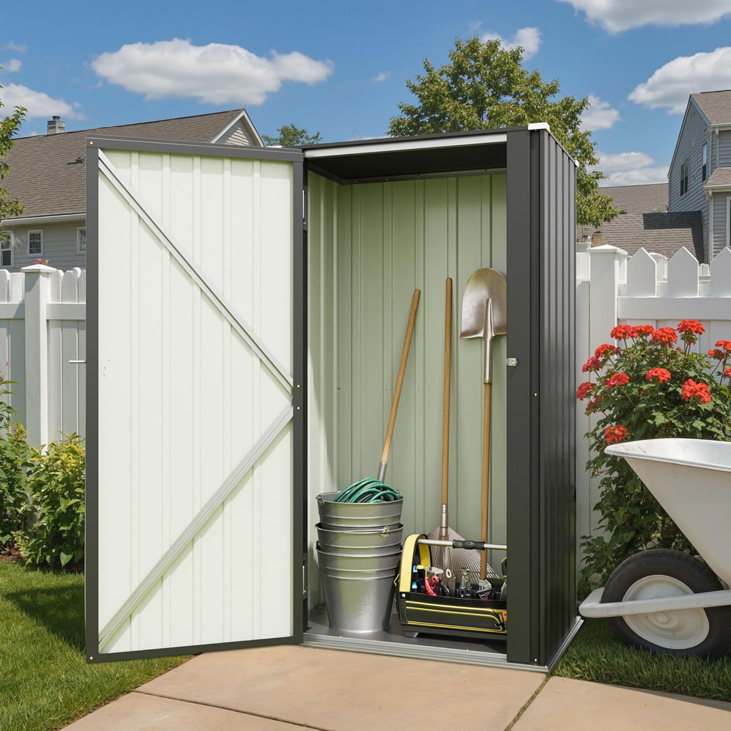 Patiowell 22 Cuft Outdoor Storage Cabinet, Metal Storage Shed with Lockable Door, Indoor Outdoor Vertical Waterproof Tool Shed Without Adjustable Shelves for Patio Garden Backyard, Black