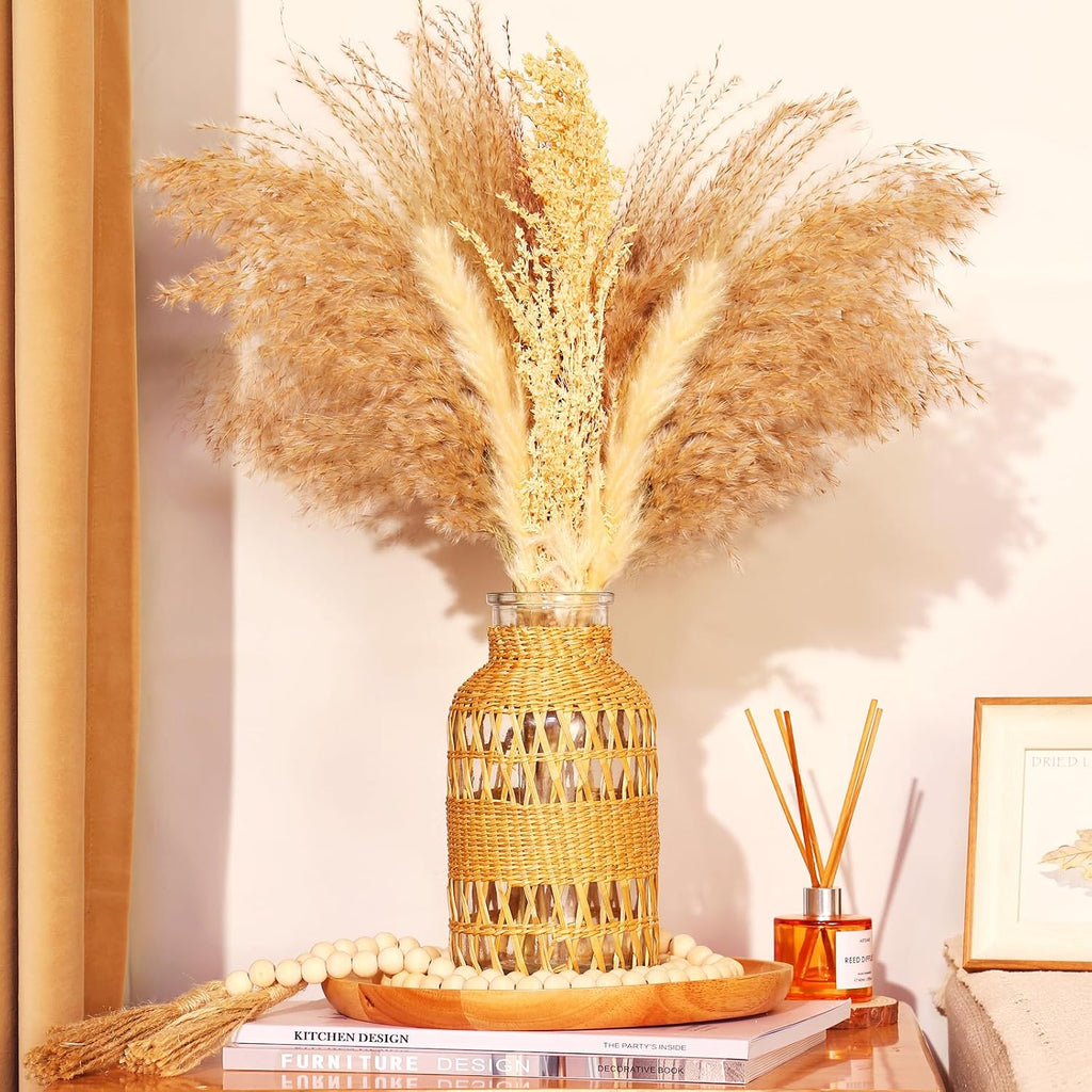 ZENS Rattan Boho Vase, Hand Woven Wicker Cover Glass Flower Vases for Pampas Grass, Artistic Boho Style Country Vase for Fall Flower Decor, Home Table Centerpiece, Farmhouse Decorative