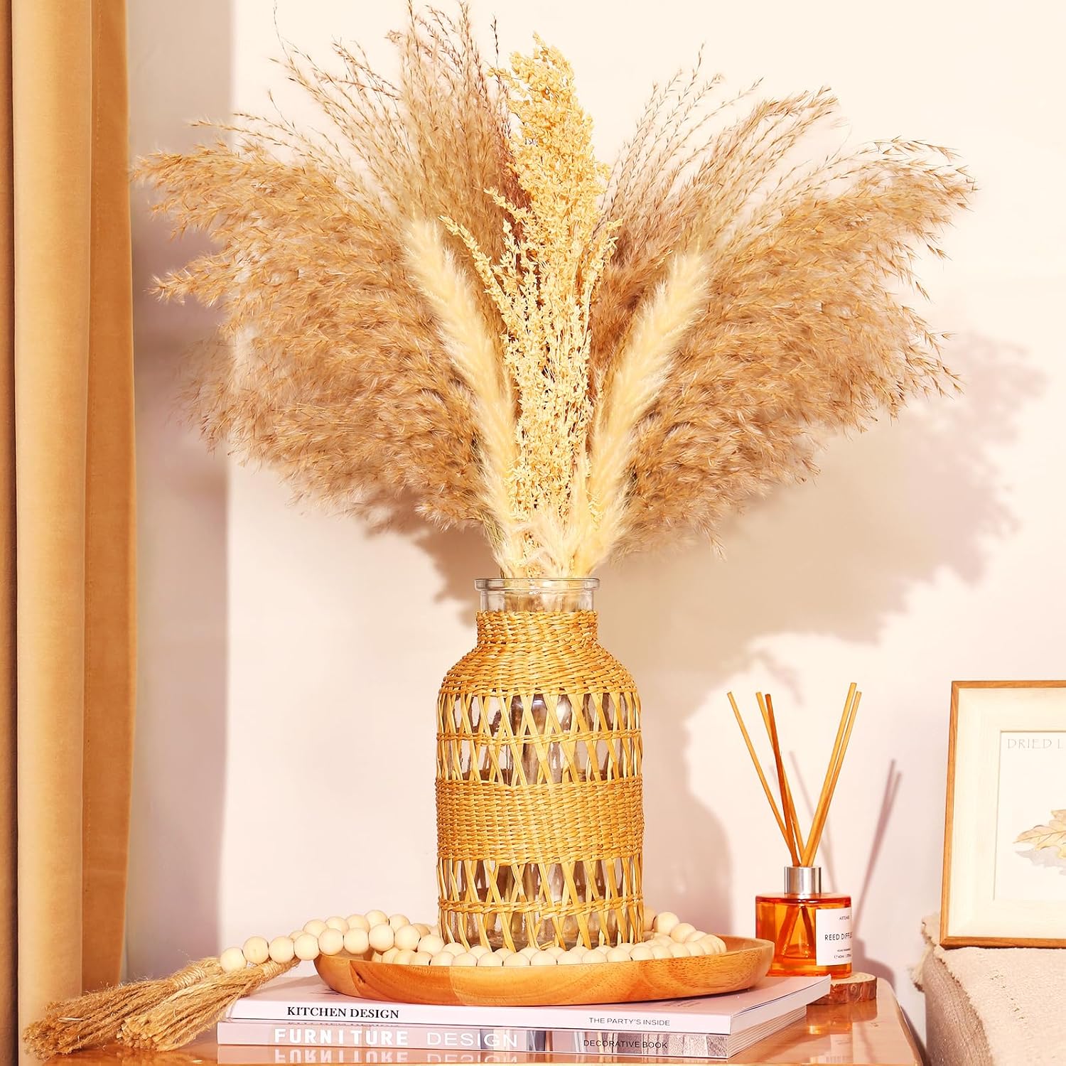ZENS Rattan Boho Vase, Hand Woven Wicker Cover Glass Flower Vases for Pampas Grass, Artistic Boho Style Country Vase for Fall Flower Decor, Home Table Centerpiece, Farmhouse Decorative