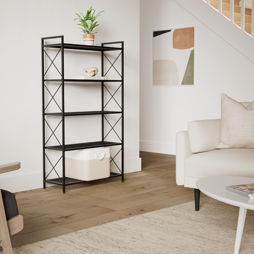 SONGMICS 5-Tier Metal Storage Rack, Shelving Unit with X Side Frames, Dense Mesh, 12.6 x 31.5 x 57.3 Inches, for Entryway, Kitchen, Living Room, Bathroom, Industrial Style, Ink Black UBSC185B01