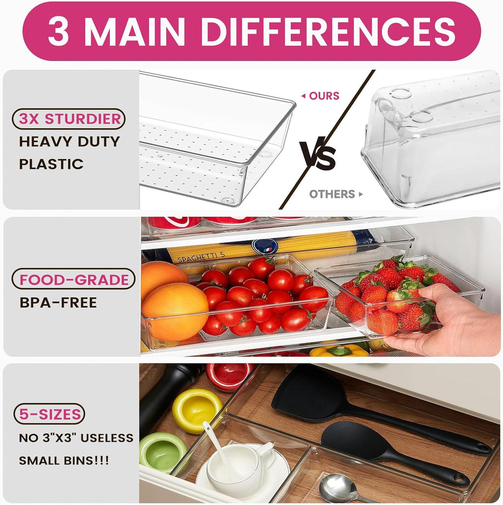 Criusia Large Drawer Organizer Bins 26 Pack | Complete 5 Size Clear Plastic Kitchen Drawer Organizers for Utensils | Bathroom Drawer Organizer Trays | Versatile for Makeup Office Organization
