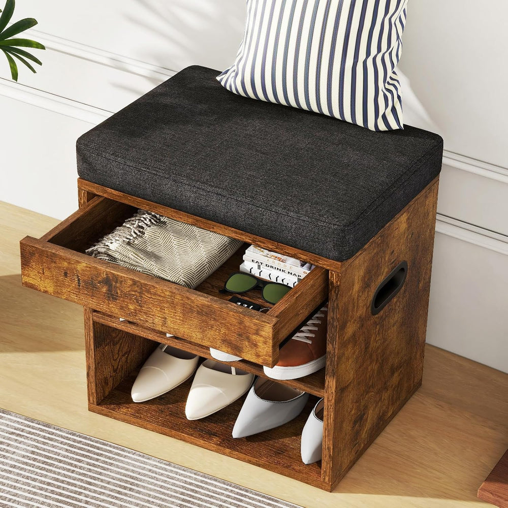 YMYNY Small Shoe Storage Bench with Cushion and Drawer, 2 Tier Adjustable Ent...