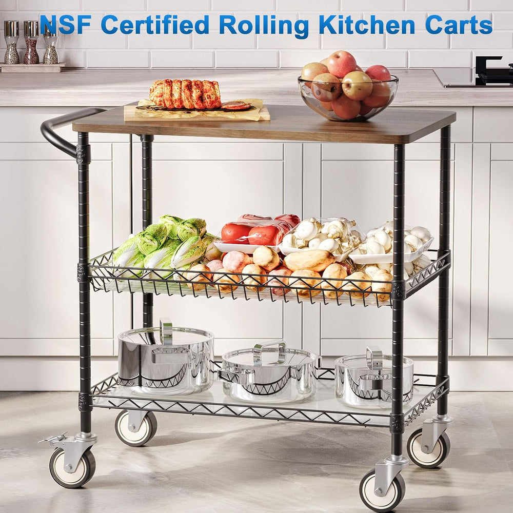 Rolling Kitchen Carts with Wheels, 3-Tier Utility Cart with Wood Tabletop
