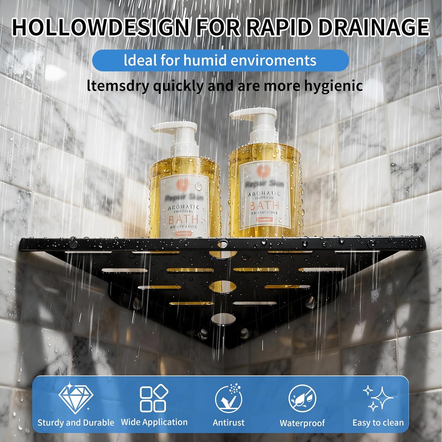 Shower Corner Shelf 304 Stainless Steel Shower Caddy 2 Tier Shower Organizer Niche Extra 6 Hangers Shelves 40 lbs Large Capacity Bathroom Storage for Inside Anti-Rust Drilling Installation (Black)