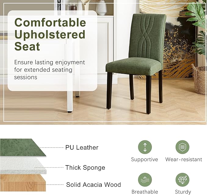 VECELO Upholstered Dining Chairs Set of 2, Modern PU Leather and Solid Wood Legs & High Back for Kitchen/Living Room- Green