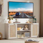 LEYAOYAO Rattan TV Stands for Living Room, Boho Entertainment Center with Storage and Open Shelf, Wood Media Console for 50-65 Inch TV, Grey White