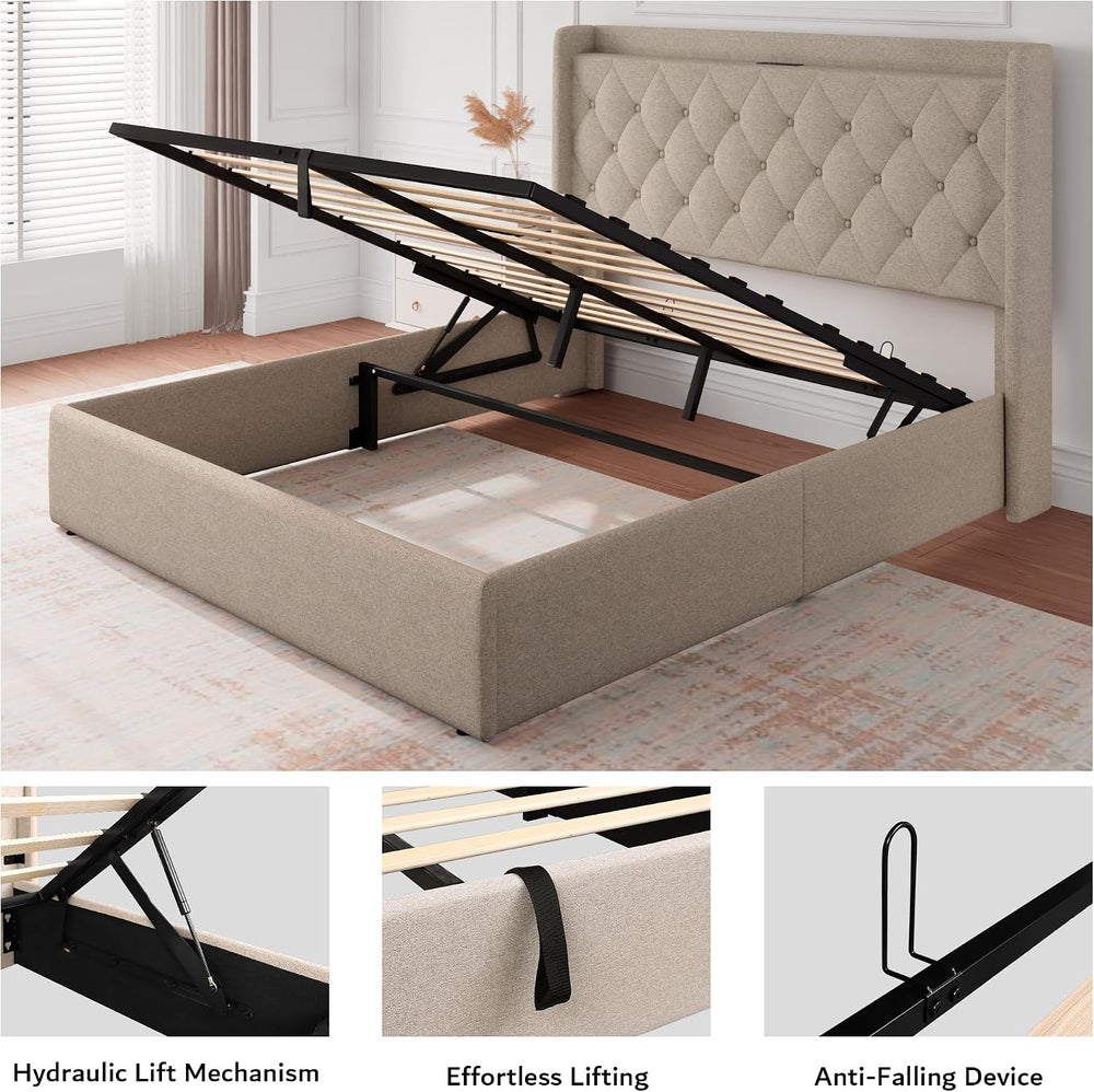 iPormis Queen Size Lift Up Storage Bed Frame with Charging Station, Upholster...