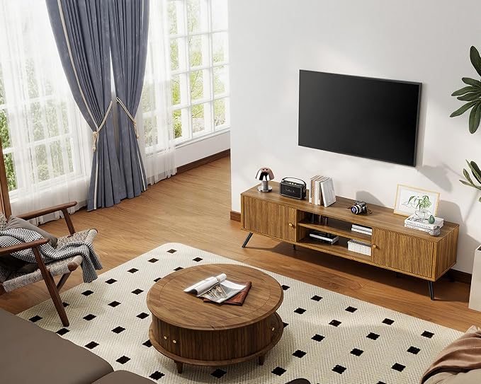 COMHOMA TV Stand for Living Room, Mid Century Modern Entertainment Center for 65/70/75 Inch TVs, Retro Brown TV Console with Fluted Door Cabinets and Open Adjustable Shelve Storage for Bedroom (70In)