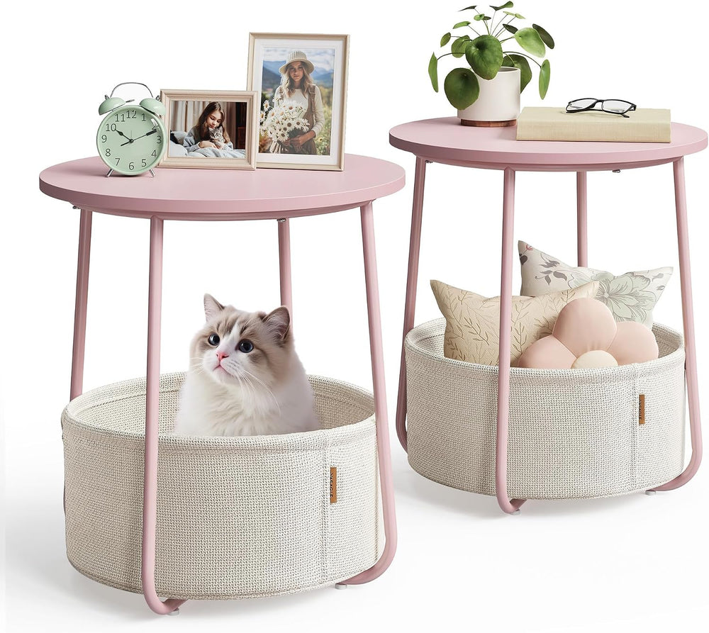 VASAGLE Nightstands, Set of 2 Small Round Side Tables with Fabric Basket, Bed...