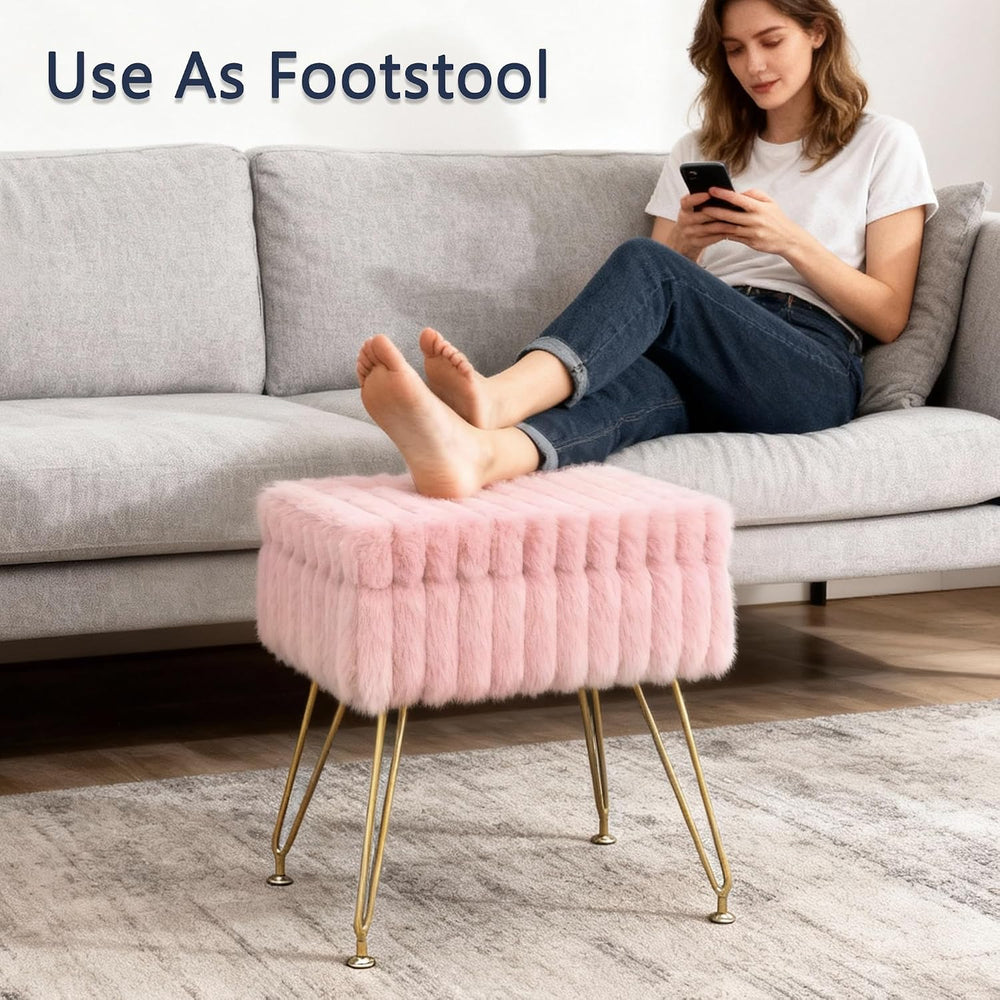 Vanity Stool Chair with Storage, Faux Fur Soft Padded Ottoman with Coffee Tab...