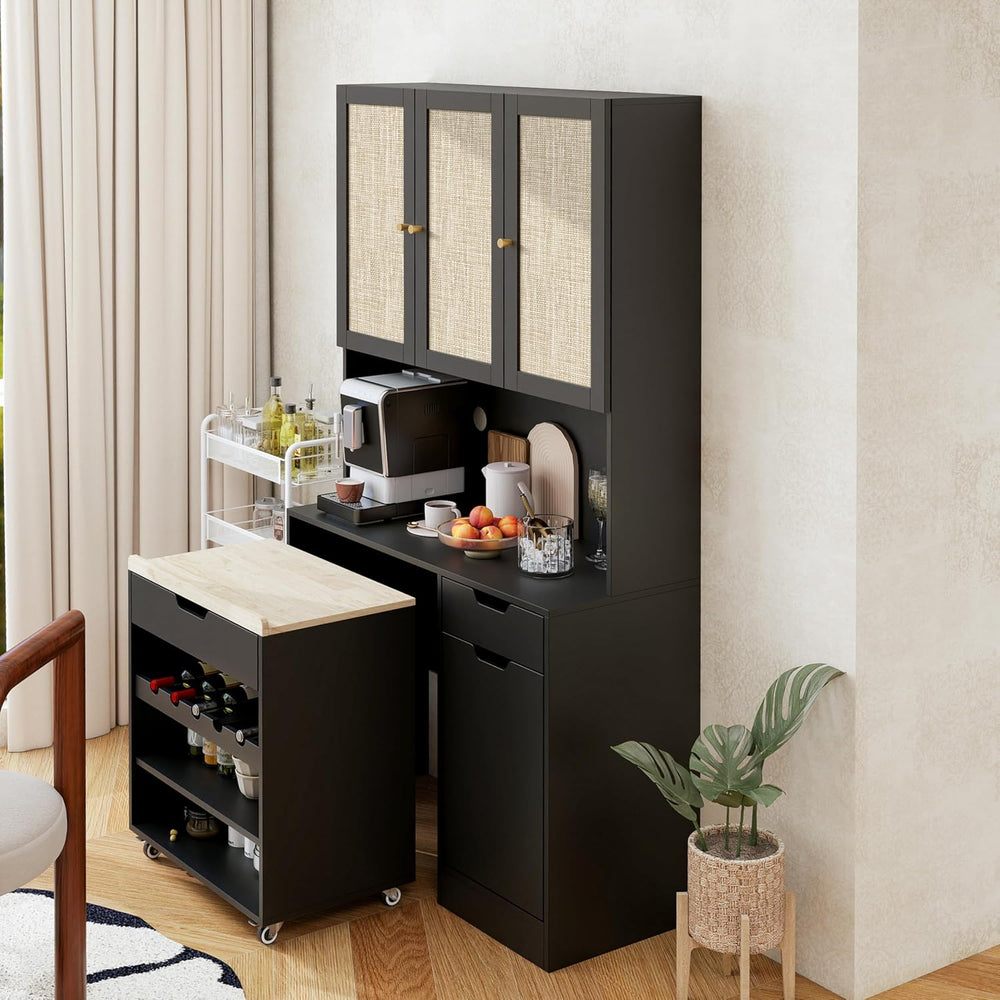 69" Kitchen Pantry Cabinet with Microwave Stand & Rolling Cart - Fre...