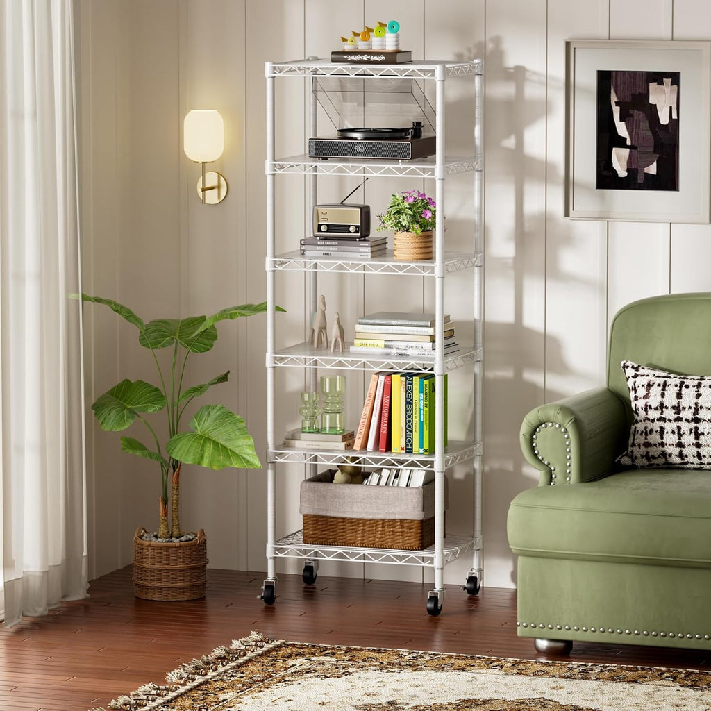SINGAYE 6 Shelves Storage Shelf Wire Closet Bathroom Organizers Metal Pantry Kitchen Small Garage Shelving Unit Laundry Room Organization Home Narrow Rack Net Basket with Wheels White
