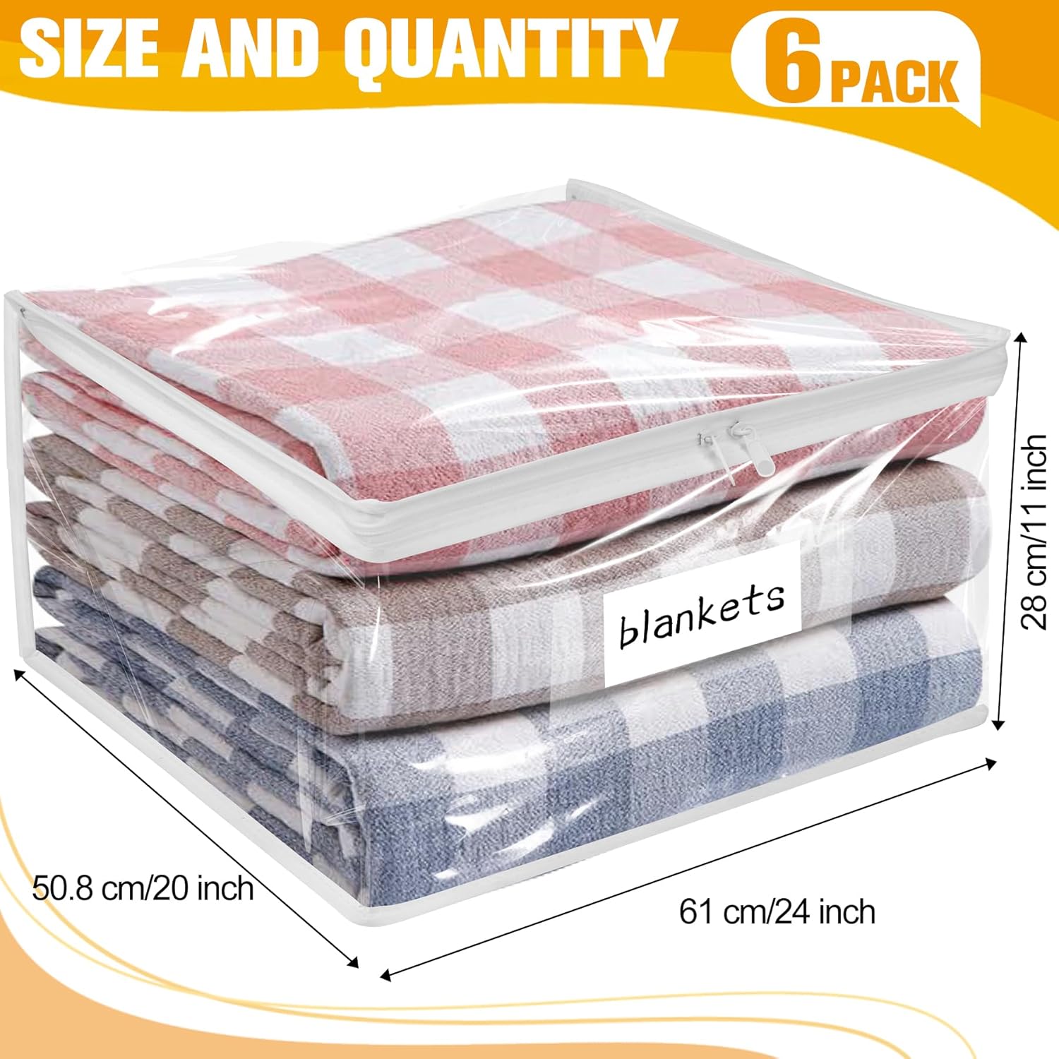 Plastic Storage Bags with Easy-Glide Zipper, Pack of 6, Durable Clear Vinyl Zippered Storage Bags for Clothes Sweaters Comforters Blankets Sheets Bedding (24 x 20 x 11 Inch)