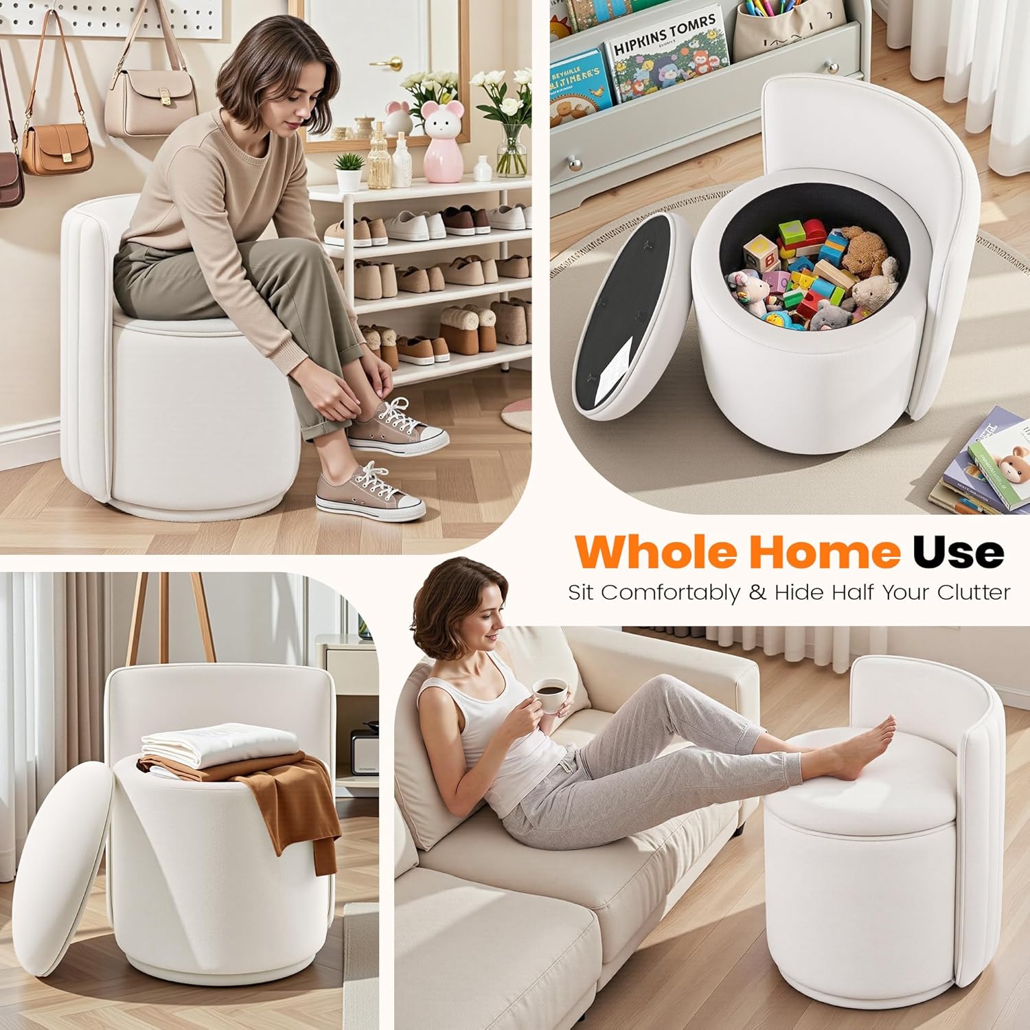 Vanity Chair with Storage, 360° Swivel Velvet Makeup Stool with Wave Backrest, Modern Round Upholstered Closet Stool, No Assembly for Bedroom, Dressing Room & Living Room, White