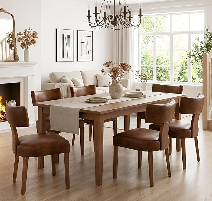 Brown Leather Dining Chairs Set of 4, Upholstered Wooden Dining Room Chairs, Mid Century Modern Farmhouse PU Kitchen Chairs, Accent Armless Side Chairs with Curved Back for Living Room, 4PCS