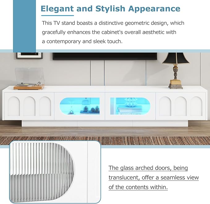 Ball & Cast Modern TV Stand with Fluted Tempered Glass Doors for TVs up to 95'', Entertainment Center w/Led Lights, Cabinets & 2 Drawers,Arched Door Design,Media Console for Living Room,White