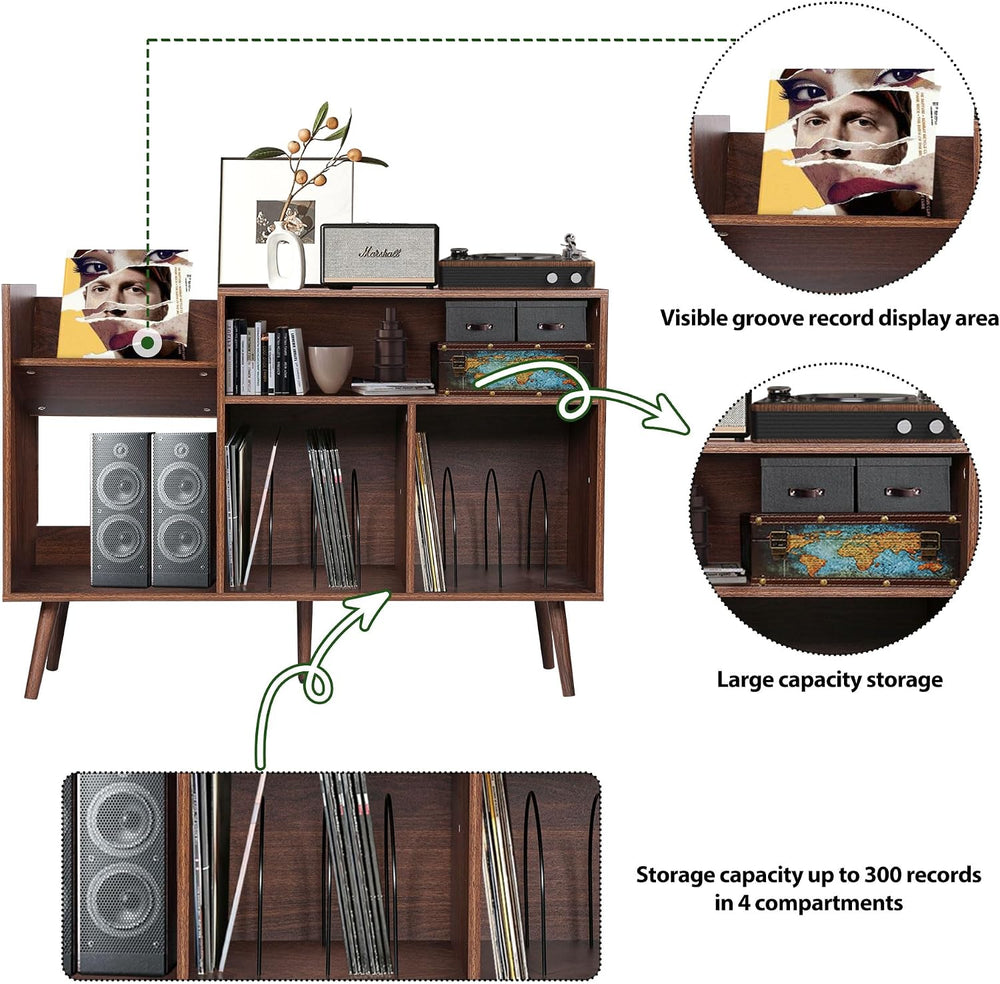Large Record Player Stand, Mid-Century Vinyl Record Storage Table with Wood L...