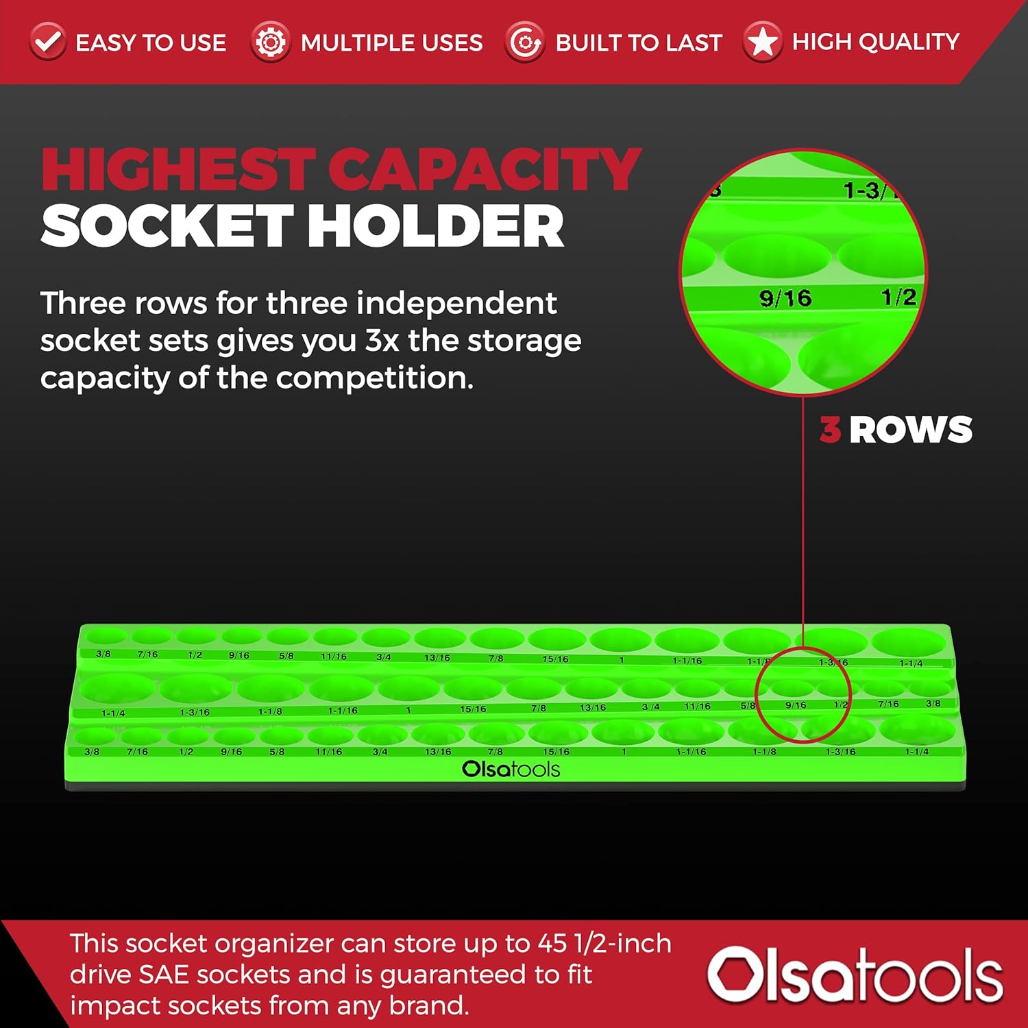 Olsa Tools Magnetic Socket Organizer - 1/2-Inch Drive, 3 Row - Holds 45 Sockets - SAE Green, Professional Grade - Part: 1549