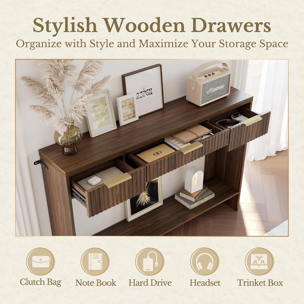 Entryway Console Sofa Table with 3 Drawers, Black Walnut | Fluted Entryway Ta...