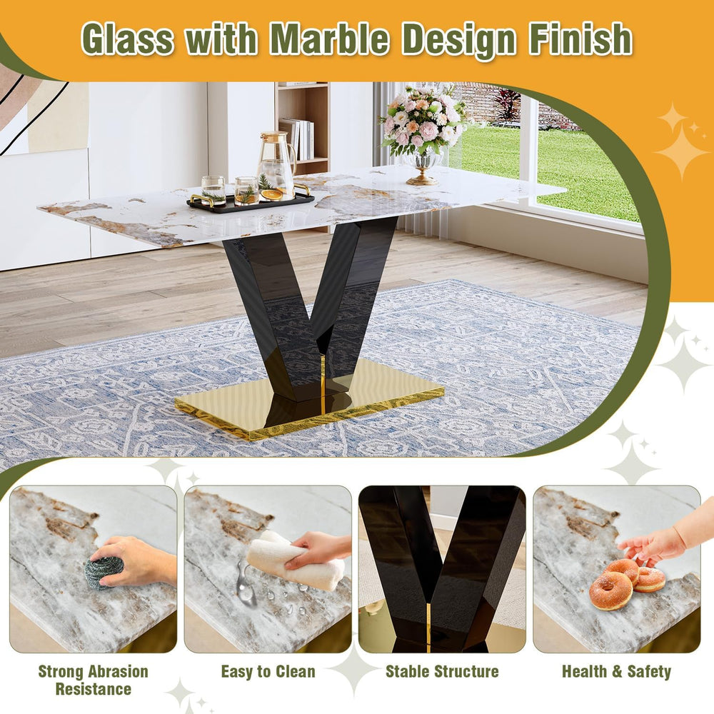 71'' Dining Table Set for 6,Modern Dining Room Table Set for 6,Marble...