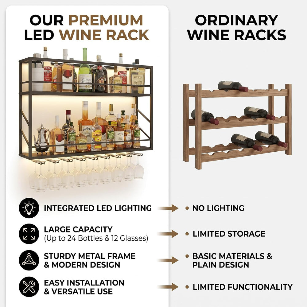 2-Tier Wall Mounted Wine Rack with LED, 31.5”W x 7.8”D x 26”H | Metal Bar Liq...