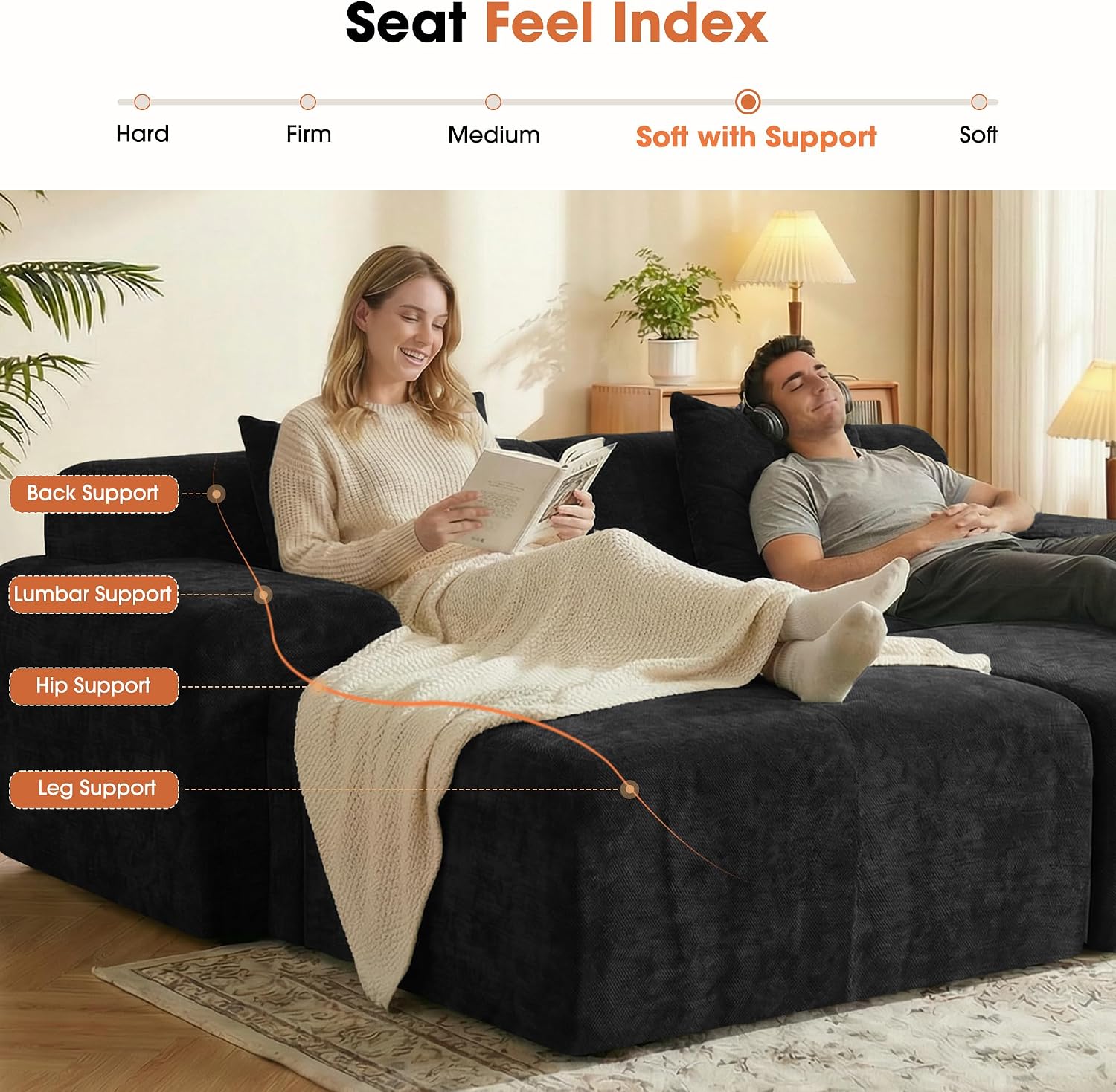 84" Modular Boneless Sofa Bed, Loveseat Couch with Ottomans, Black | Sectional Modular Couch, 15.4" Wider Armrest, 12" Thick Back, 2 Free Pillows, Non-Slip Base, Boneless Sofas for Living Room