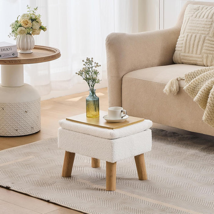 Storage Ottoman, Small Foot Stool Ottoman with Storage, Teddy Velvet Foot Rest with Wood Legs, Footstool for Living Room, Bedroom, Entryway, White
