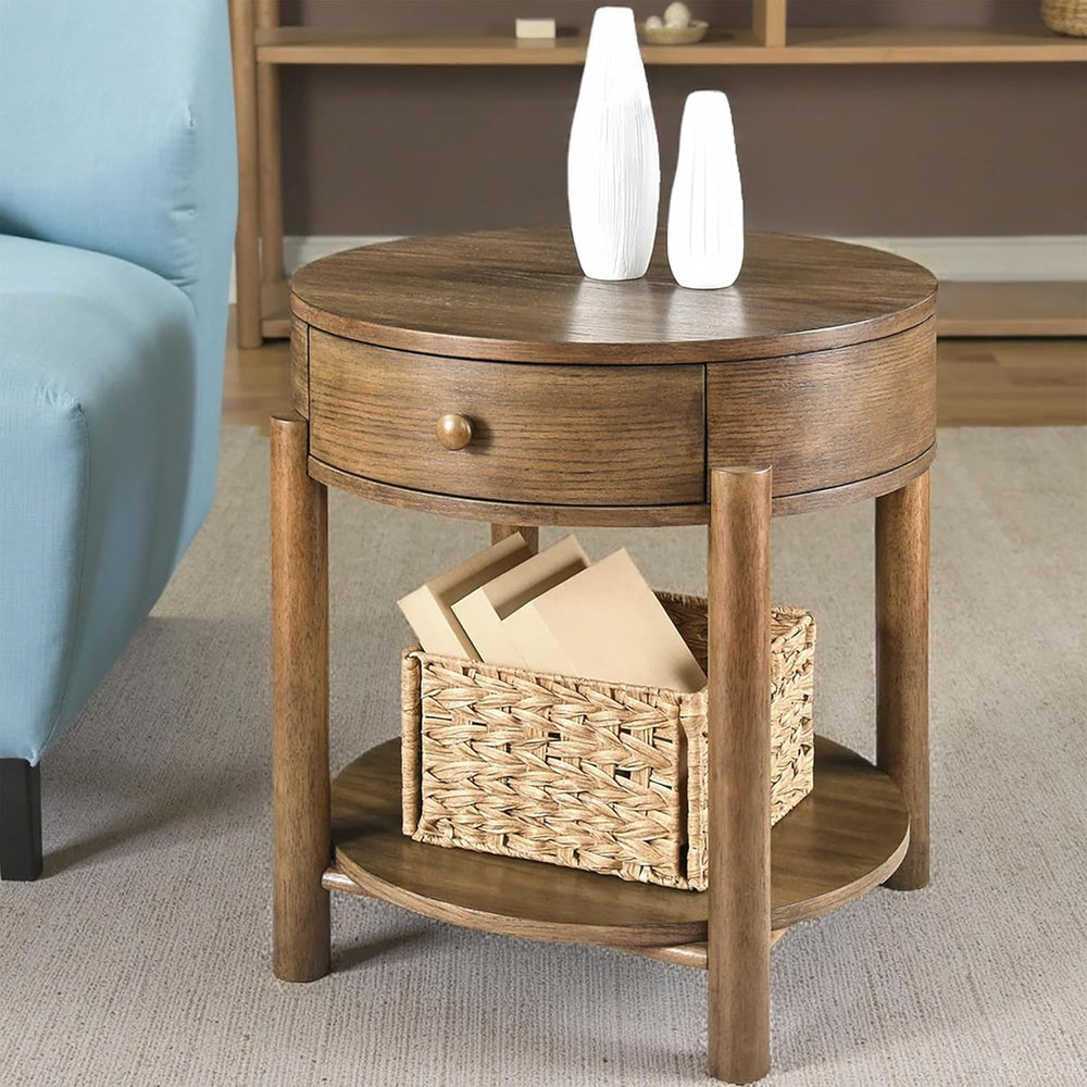 Solid Wood 24" Round End Table with Drawer, 2-Tier Small Sofa Side Table...