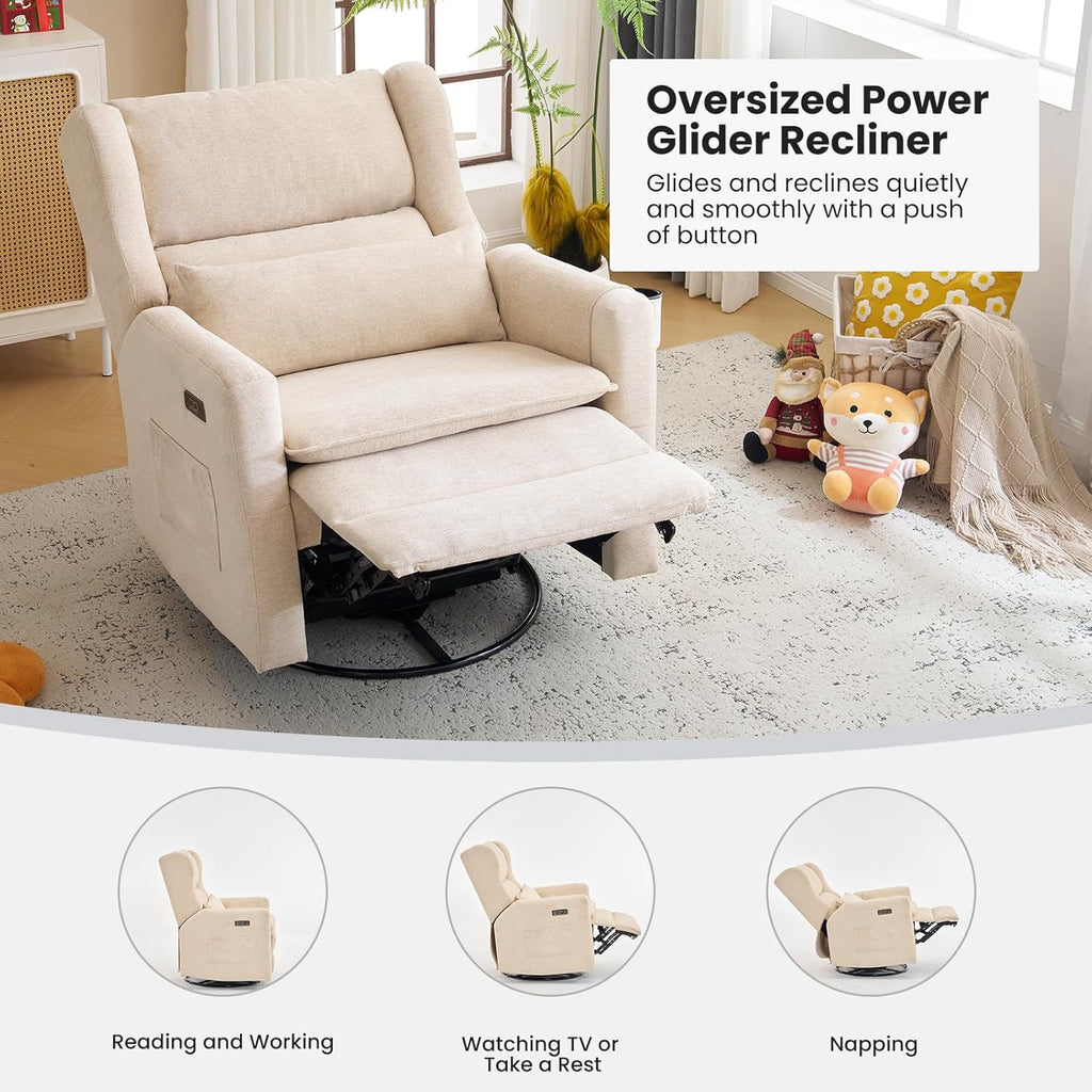 Oversized Swivel Rocker Recliner with Lumbar Cushion, Power Recliner Nursery Chair with Adjustable Headrest, Nursery Glider Recliner for Living Room, Beige