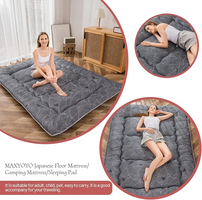 MAXYOYO Japanese Floor Mattress Futon Mattress, 4" Thicken Tatami Mat Sleeping Pad Foldable Roll Up Mat Boys Girls Dormitory Pad Kids Floor Lounger Pillow Bed, Charcoal Grey, Queen Size