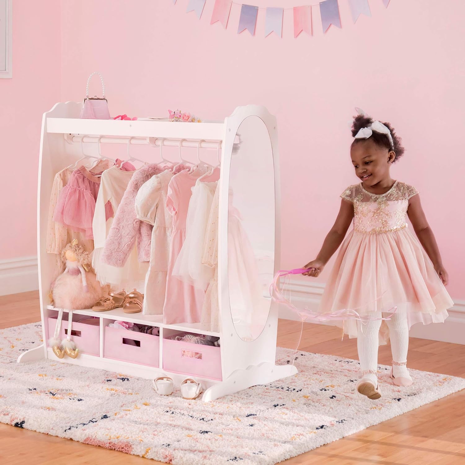 Guidecraft Dress Up Storage – White: Dramatic Play Costume Rack with Mirror and Tray for Toddlers - Kids Armoire, Dresser with Fabric Storage Bins