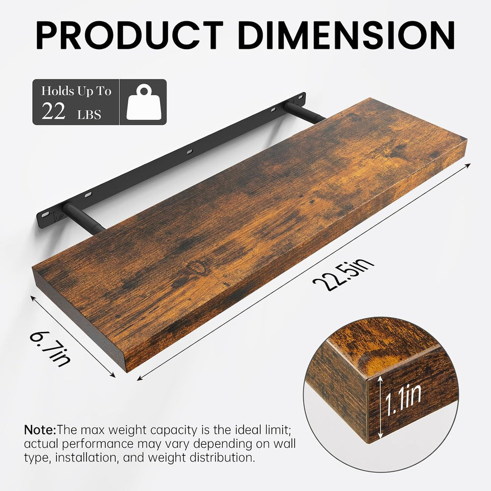 BAYKA Rustic Brown Floating Shelves 22.5in, 3 Pack, Wall Mount Wood Shelf