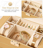 Homde Synthetic Leather Huge Jewelry Box Mirrored Watch Organizer Necklace Ring Earring Storage Lockable Gift Case (Gold)
