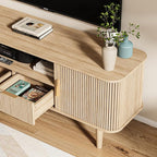 62.4 Inch Fluted TV Stand, Modern Media Console Table with Sliding Tambour Door Farmhouse Sideboard Buffet Cabinet Fits TVs up to 75 inch, Wood Entertainment Center for Living Room(Oak)