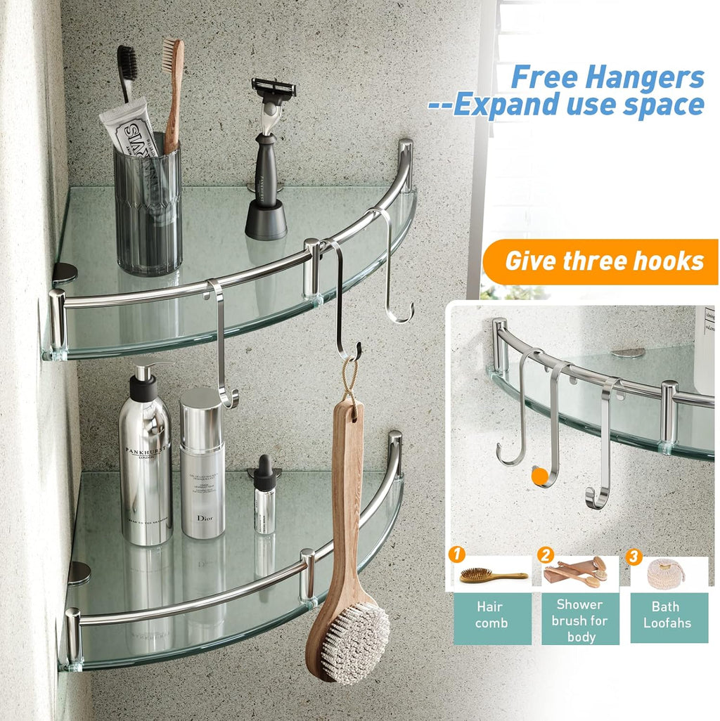 HouseMila Glass Shower Shelves, 2 Tier Tempered Glass Corner Shelf Shower Organizer with Extra 3 Hangers Shower Shelves for Inside Shower