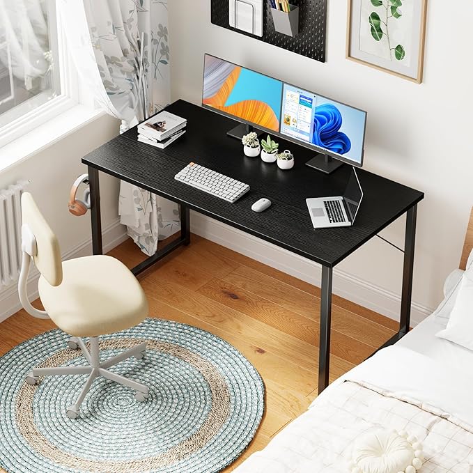 ODK 48 Inches Computer Desk for Small Spaces, Study Table for Home Office, Writing Desk with Headphone Hooks, Black