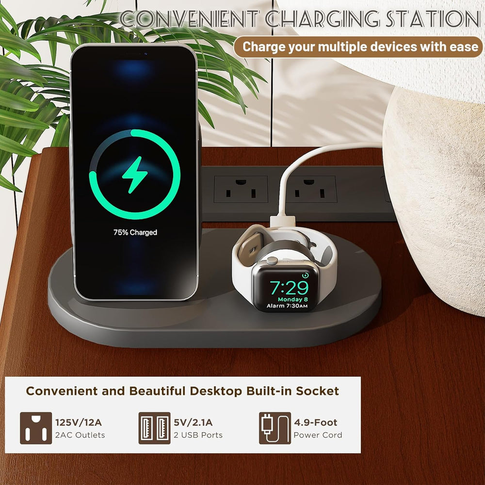 Wood End Table with Charging Station, Fully Assembled Slim Side Table with Dr...