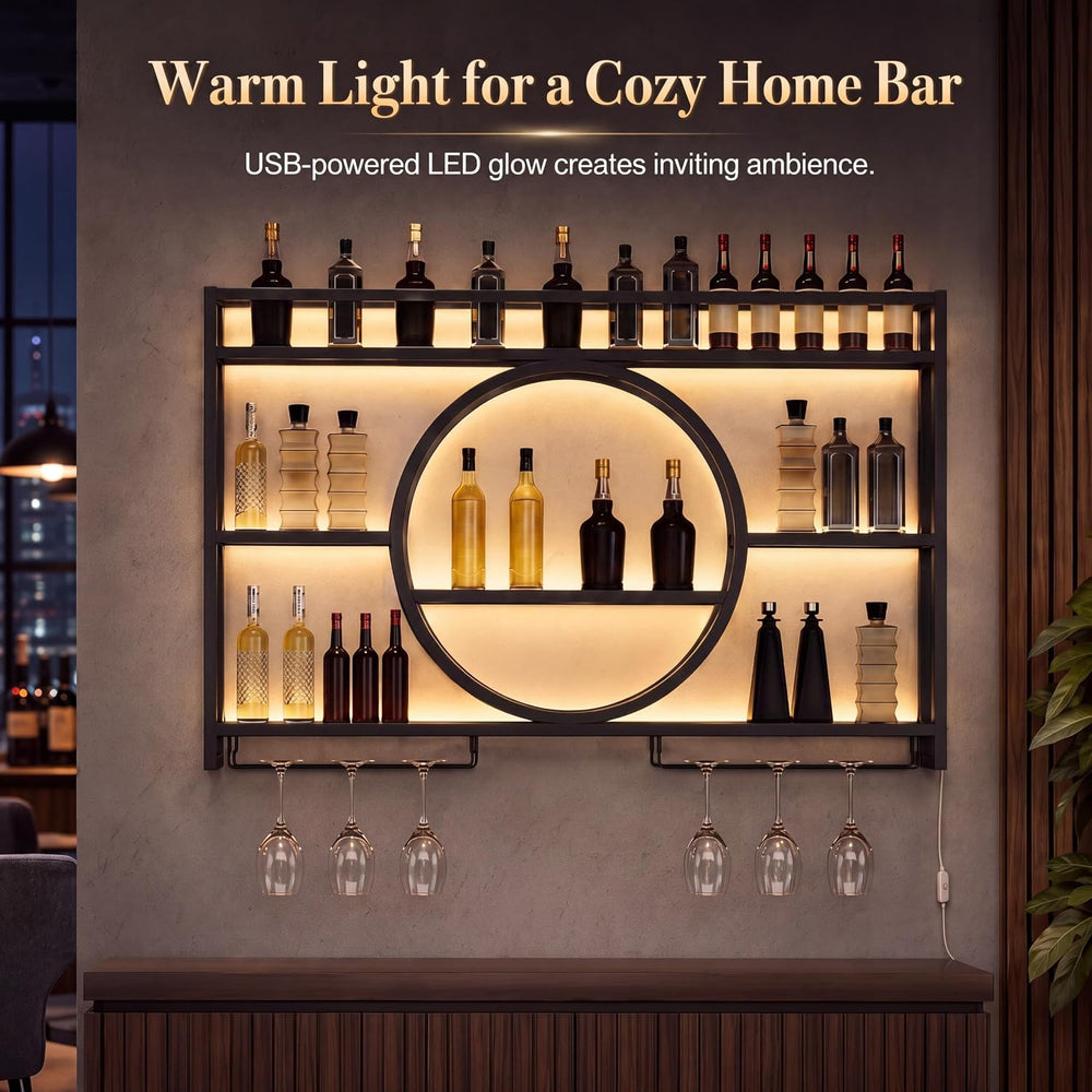 Marsui 39.4" Wall Mounted Wine Rack with LED, 3-Tier Bar Shelf, Circular...