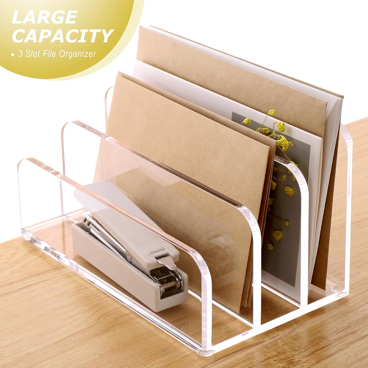 SANRUI Acrylic Mail File Organizer Sorters for Desk, 3 Upright Compartments Laddered Clear Desktop Vertical Letter Holder, Multifunction Envelope Folder Racks Holders for Office,Home, School