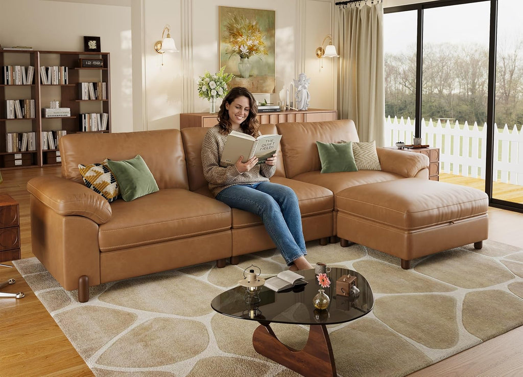 SITJOY Oversized Sectional Couches for Living Room, Extra Large Deep Seat Couch with Chaise, 118" Wide Couch, 3 Seater L Shaped Couch with Storage Ottoman, Pet-Friendly Leather in Brown