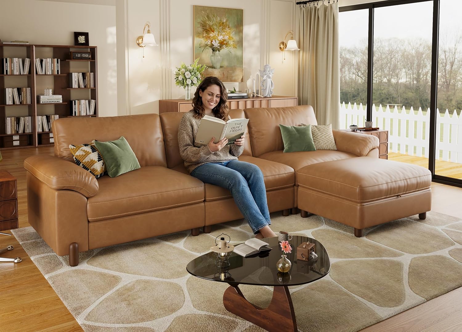 SITJOY Oversized Sectional Couches for Living Room, Extra Large Deep Seat Couch with Chaise, 118" Wide Couch, 3 Seater L Shaped Couch with Storage Ottoman, Pet-Friendly Leather in Brown