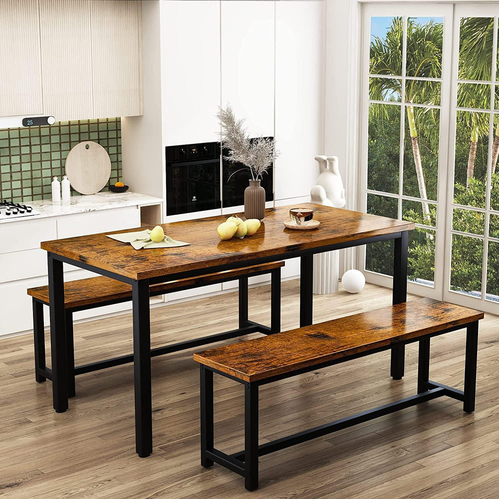Dining Room Table Set with 2 Benches, Farmhouse Dining Table Set for 4-6, Woo...