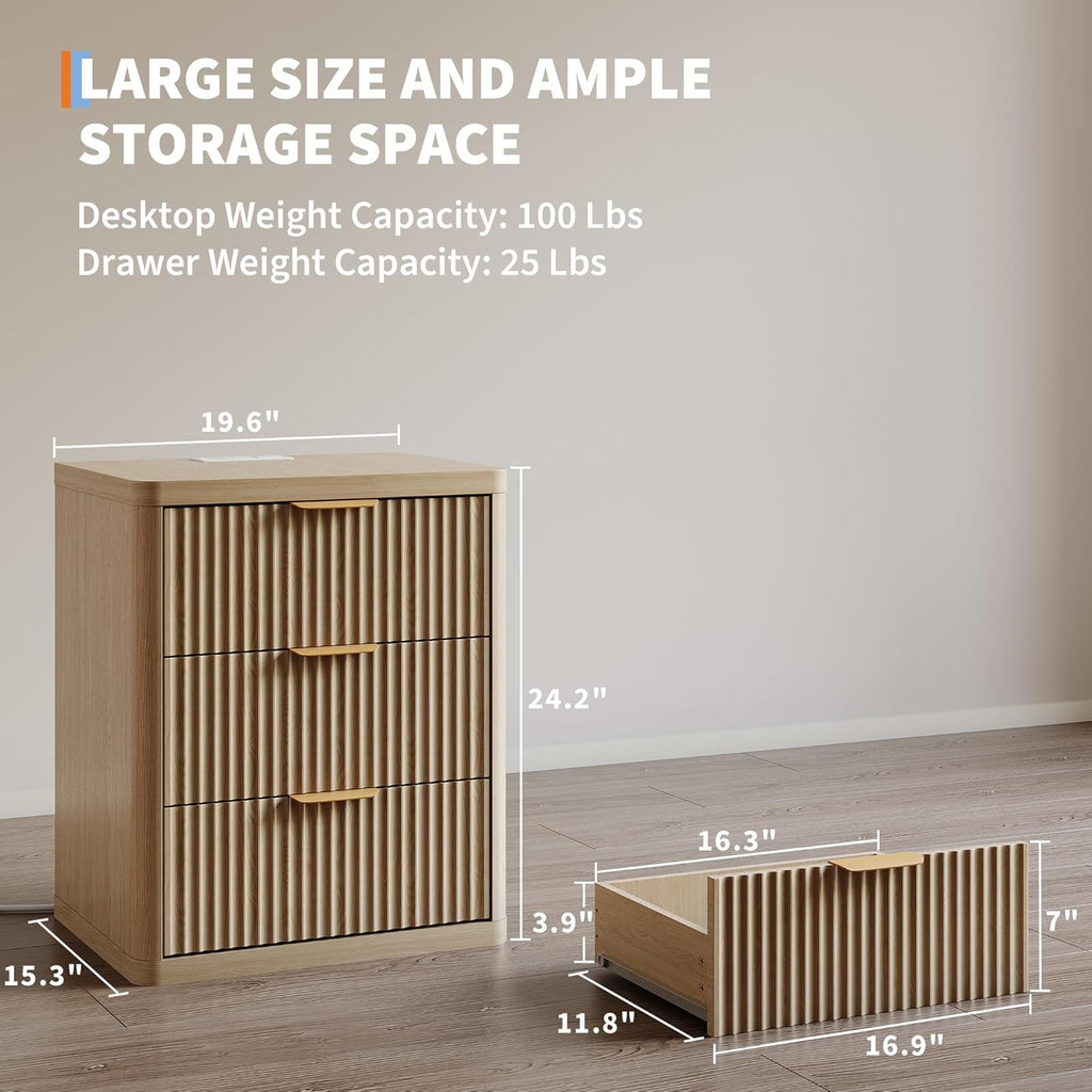 Fluted Nightstand Set of 2 with Charging Station, Bedside Table with 3 Drawers Storage Space, Metal Handles and Rounded Corners for Safety, Mid Century Modern End Table, for Bedroom, Living Room